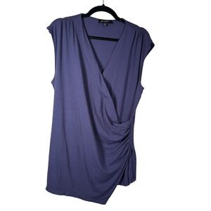 Grayson Womens Navy Sleeveless Surplice Ruched Faux Wrap V-Neck Top Large Office